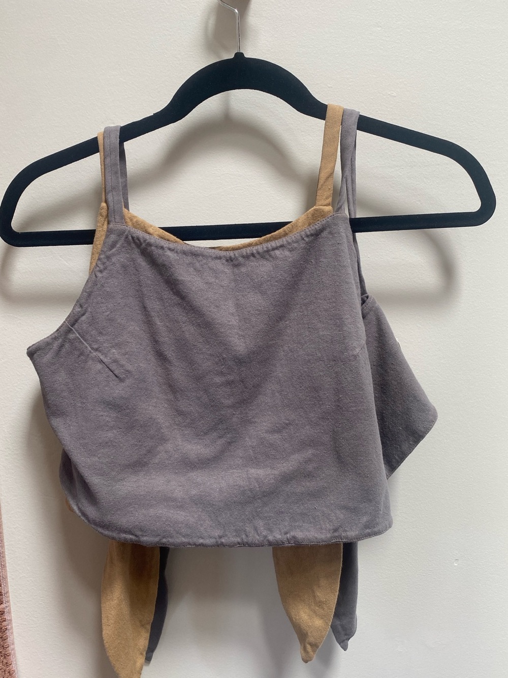 Women’s crop tie tank tops hand made in California, sparrow, size large